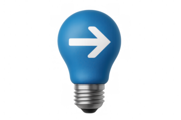 Blue light bulb with a right arrow, symbolizing new ideas, progress, innovation, and future direction