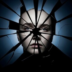 Fragmented Mirrors: An Abstract Silhouette Echoing Raw Trauma, Somber Blues, and Deep Inner Mental Struggles in Stark Contrasts Exposed, Unbound