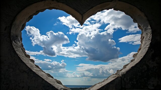 Heart shaped opening in stone revealing a beautiful blue sky with fluffy white clouds