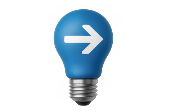 Blue light bulb with a right arrow, symbolizing new ideas, progress, innovation, and future direction