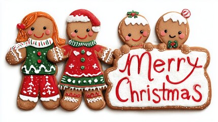 Fototapeta premium Gingerbread cookies with icing decorations presenting a merry christmas sign