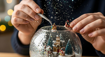 Obraz premium Hands assembling a festive Christmas snow globe with miniature winter village and sparkling glitter