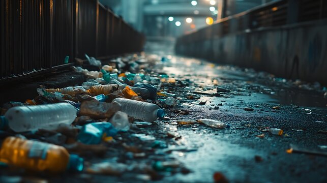 A road covered in litter and plastics, showing urban pollution and neglect