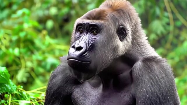Close up portrait of a majestic gorilla in its natural lush green jungle habitat This powerful wild ape showcases intelligence and serene beauty of the rainforest