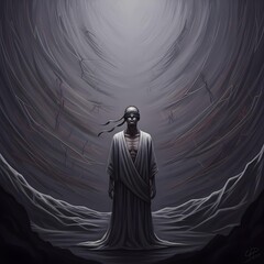 Xenoblindfoldia: A solitary wanderer silhouetted in ethereal shadows, concealing inner agony in a muted, abstract realm of raw, haunting trauma.