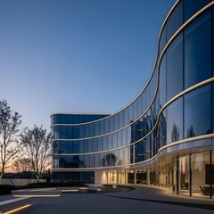 Twilight Elegance: A Minimalist Modern Façade with Sweeping Curves and Reflective Glass Reflecting Today’s Serene Urban Skyline in Perfect Harmony