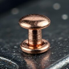 Vibrant Macro Capture of a Gleaming Metallic Rivet Showcasing Intricate Industrial Textures and Minimalist Reflections on a Weathered, Textured Backdrop.