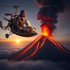 Volcanic Valor: The Daring Vintage Pilot Emerges Above a Glowing, Erupting Volcano Amid a Twilight of Surreal Adventure and Mystique