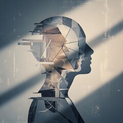 Surreal Minimalist Portrait: Fragmented, Enigmatic Human Silhouette in Muted Tones, Evoking Neurasthenic Introspection through Abstract, Softly Lit, Pensive, Quiet Mystery