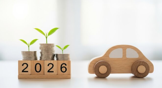 Wooden car model next to stacked coins growing plants representing future savings year 2026