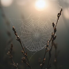 Delicate Dawn: An Intimate Minimalist Exploration of a Dew-Laden Spiderweb and Its Abstract Textures Bathed in Soft Morning Light, Serenely.