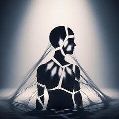Mysterious Fragmented Silhouette Reveals Neurotic Mind’s Enigmatic Journey through Shifting Shadows, Minimalist Textured Emotions, and Ethereal Light Unveiling Hidden Psyche
