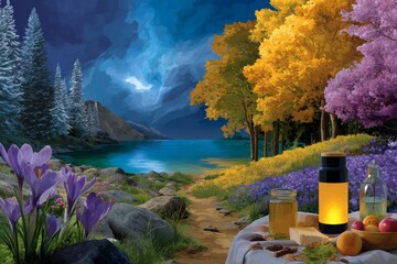 The still mountain lake reflects the merging seasons in perfect harmony. Generative AI