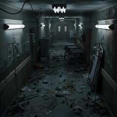 Dramatic Eerie Hospital Corridor of Chaos: A Dark, Abandoned Passageway with Scattered Medical Tools, Ominous Shadows, and Sinister, Haunting Atmosphere