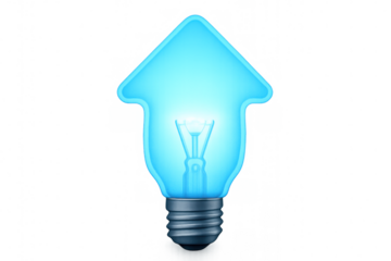 Light bulb shaped as an upward arrow illuminating, symbolizing progress, growth, and innovation, transparent background