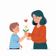 Young boy presents a flower to his mother with love 1.
