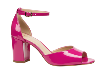 Isolated peep toe high heel shoe with ankle strap and block heel in fuchsia patent leather