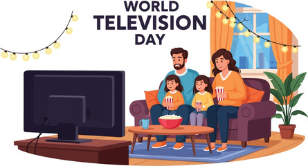 World television day with family watching tv together in living room, celebrating media and entertainment