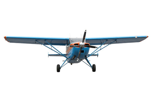 Isolated light aircraft, classic aviation, flight. Single engine plane on approach view