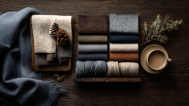 Seasonal fabric swatches with pine cones and coffee