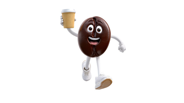 Coffee bean character in white shoes, smiling and holding a cup of takeaway coffee, 3D cartoon game art. Transparent background.