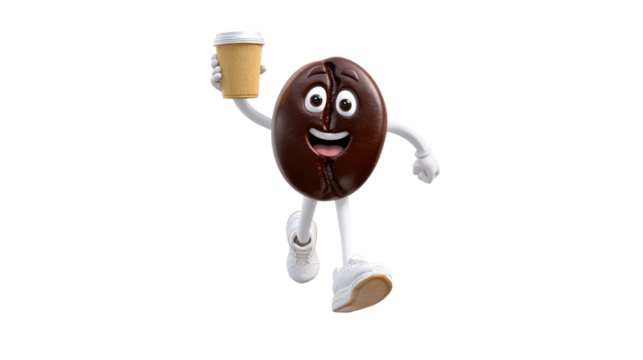 Coffee bean character in white shoes, smiling and holding a cup of takeaway coffee, 3D cartoon game art. Transparent background.
