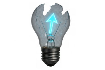 Broken light bulb showing bright glowing arrow, symbolizing success, innovation, and fresh ideas on transparent background