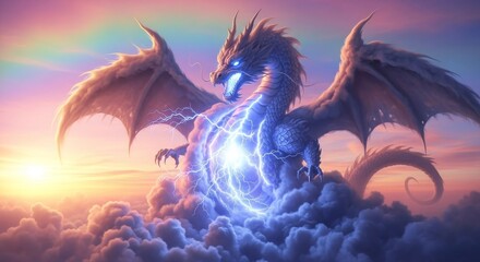 Majestic dragon with widespread wings and glowing blue lightning in its chest, standing atop heavenly clouds at sunset. Fantasy powerful beast.