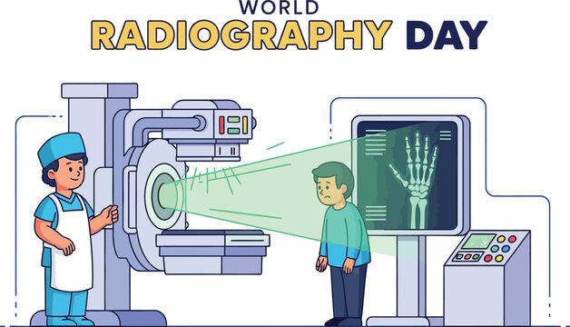 World radiography day illustration with doctor and patient undergoing xray examination - Powered by Adobe