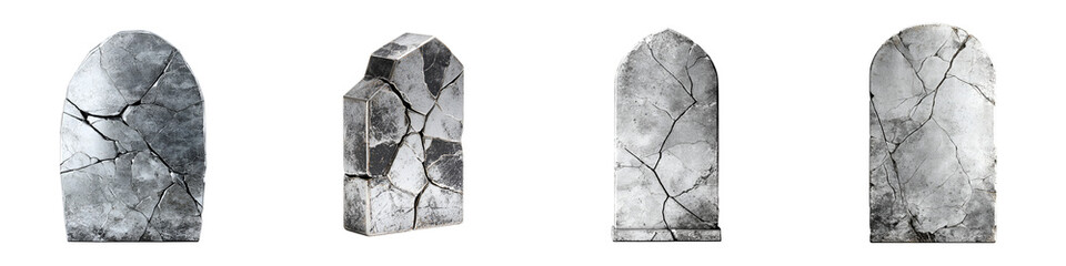 Fototapeta premium Old Tombstone Collection: Weathered and Cracked Memorials Isolated on White