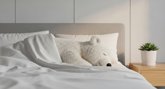 Stuffed animal bear sleeping on bed. Cute toy under white blanket. Cozy bedroom interior. Rest and comfort concept for children.