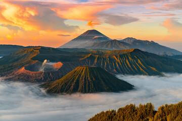 landscape Mountain Bromo volcano at sunrise and the mist Foreground Tengger Semeru National Park,Indonesia
