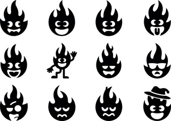 Cartoon Fire Icons Set with Funny Faces Black Silhouette Style