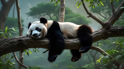 Obraz premium A serene lazy panda bear with distinctive black and white fur, sleeping peacefully on a sturdy tree branch, surrounded by lush green foliage and vibrant vegetation, set against a misty mountainous bac