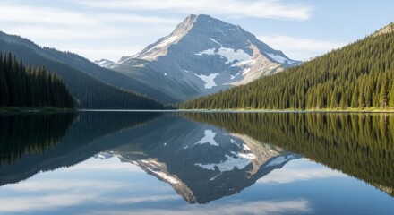 Serene mountain lake perfectly mirrors a majestic peak, framed by lush forests