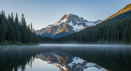 Untouched alpine serenity Majestic snow-capped mountains reflected in a tranquil wilderness lake