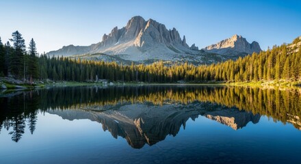 Breathtaking mountain lake reflection in peaceful natural wilderness at sunrise