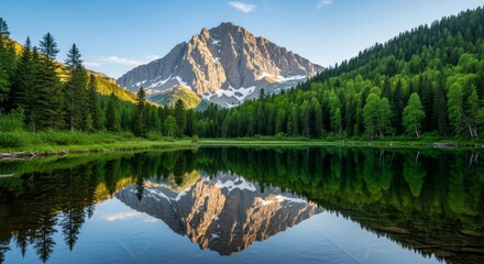 Majestic mountain reflects in calm alpine lake, surrounded by dense green forest