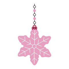 Decorative pink snowflake ornament hanging with beads on a black string for winter festivities