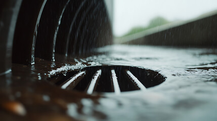 Rainy day captured in an up-close scene of water flowing into a drain. The sleek grate adds depth, while blurred greenery hints at a wider world beyond the downpour.