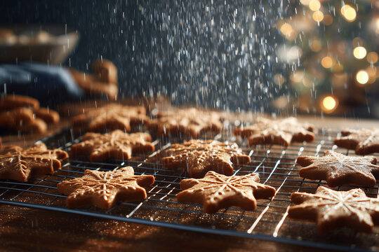 Christmas Cookies shaped like snowflakes cooling on wire rack with powdered sugar falling in warm festive kitchen atmosphere and blurred lights - Powered by Adobe