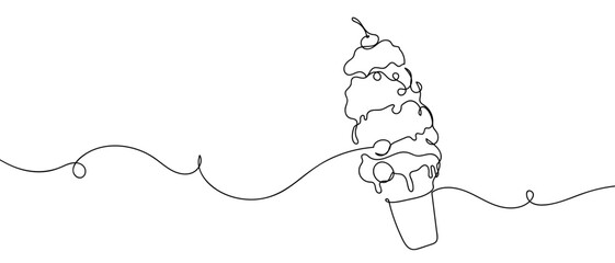 One continuous line design of delicious ice cream with a cherry on top. simple linear style Editable stroke. Doodle vector illustration