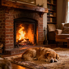 UN CANE CHE DORME DAVANTI AD UN CAMINO ACCESO 