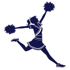 Silhouette of a Jumping Cheerleader with Blue Pom- Poms and Uniform on White Background Keywords: cheerleader, silhouette, jumping, leaping, pom-poms, cheerleading, sports, competition