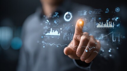 Data Analysis Dashboard and Business Insights Touchscreen Financial Visualization Hand Displaying Key Metrics Analyzing Trends for Future Growth