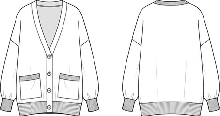 Women's oversized button-up cardigan sweater front and back view, fashion flat sketch, vector CAD drawing, knitwear design illustration, casual apparel