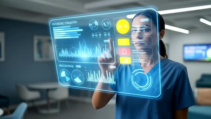 Nurse interacting with a holographic interface in a modern hospital setting - Powered by Adobe