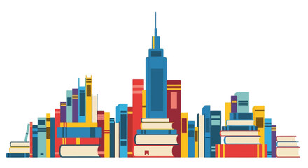 Cityscape formed by colorful books representing knowledge and education.