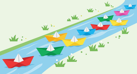 Colorful Paper Boats Racing Down a Winding Stream.