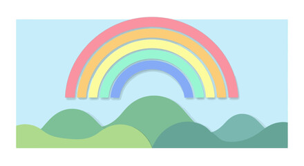 Colorful Rainbow Over Green Hills Illustration.